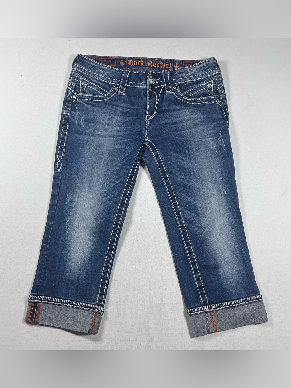 Rock Revival Morgan Capri Jeans Cuffed Women’s 30 Blue Denim Embroidered